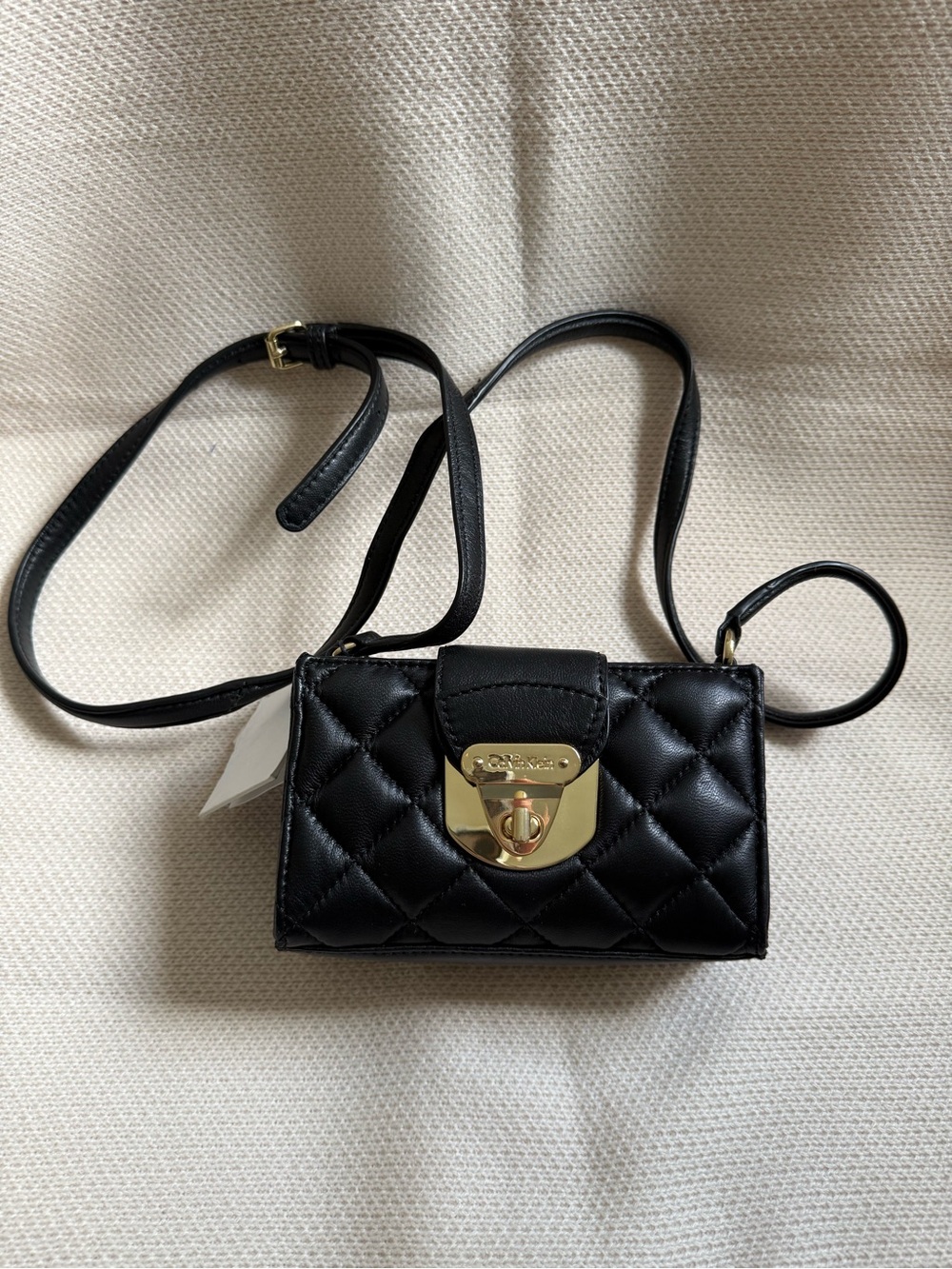 Calvin Klein Black Quilted Leather Mini Crossbody Bag with Gold Hardware